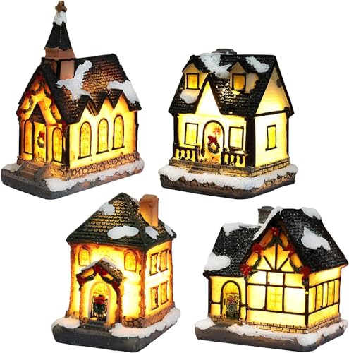 Jannity Weihnachtsdorfhaus, batteriebetrieben, LED-Lichter, Weihnachtsbaumhaus, Weihnachtskollektion, Gebäude, Weihnachten, Garten, Esstisch, Innendekoration (4 Stück) von Jannity