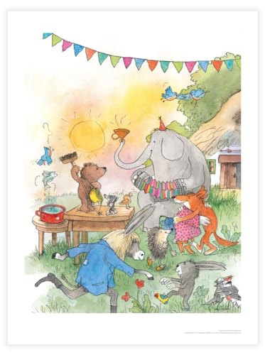 Janosch Hochwertiger Posterdruck Figurenwelt-Motiv (Illustration Johanna Seipelt) – Allerliebste Geburtstagsfestmusik von Janosch