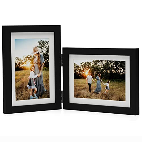 Janreefan Doppel-Bilderrahmen vertikal & horizontal aufklappbar Fotorahmen Posterrahmen in Schwarz aus Kiefernholz mit Echtglas zum Aufhängen an der Wand oder zum Aufstellen auf dem Tisch, von Janreefan