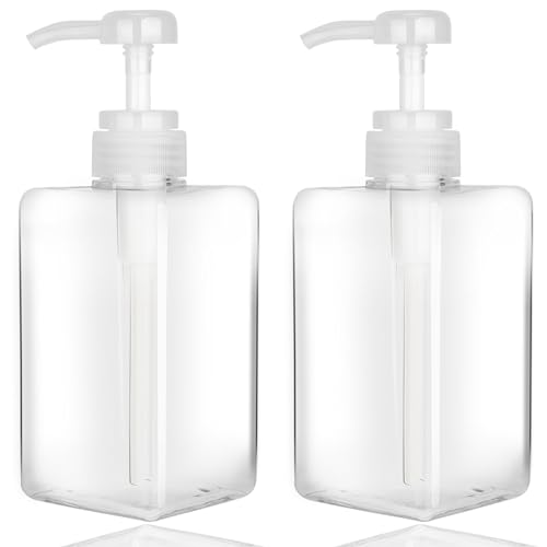 Jansburg Pumpflaschenspender, 450 ml, nachfüllbar, quadratisch, Kunststoff, Lotionspender, Leere Lotion-Pumpflasche für ätherische Öle, Seife, Lotion, Shampoo, Badezimmer, transparent 2 Stück von Jansburg