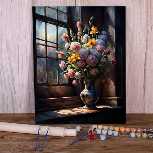 Paint by Numbers for Adults,Vase Window Paint by Number Kits On Canvas for Beginners,with Brushes DIY Color Acrylic Pigment Oil Painting Arts Crafts for Home Decor(Without Frame)55x70cm von Januave
