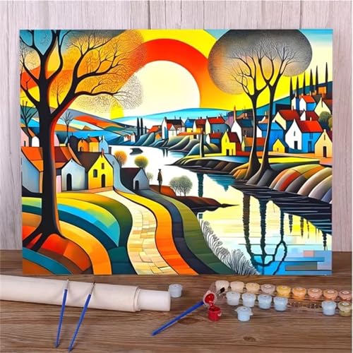 Paint by Numbers for Adults,Village Abstract Paint by Number Kits On Canvas for Beginners,with Brushes DIY Color Acrylic Pigment Oil Painting Arts Crafts for Home Decor(Without Frame)30x40cm von Januave