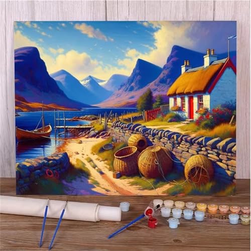 Paint by Numbers for Adults,Village Boat Mountain Paint by Number Kits On Canvas for Beginners,with Brushes DIY Color Acrylic Pigment Oil Painting Arts Crafts for Home Decor(Without Frame)40x50cm von Januave