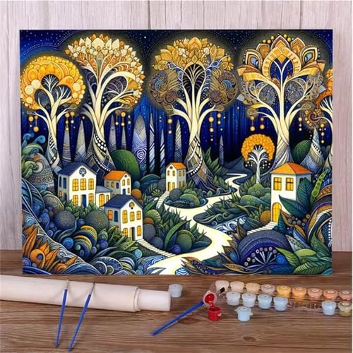 Paint by Numbers for Adults,Village Night Paint by Number Kits On Canvas for Beginners,with Brushes DIY Color Acrylic Pigment Oil Painting Arts Crafts for Home Decor(Without Frame)40x50cm von Januave