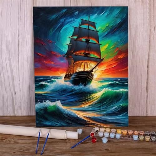 Paint by Numbers for Adults,Waves Boat Night Sky Paint by Number Kits On Canvas for Beginners,with Brushes DIY Color Acrylic Pigment Oil Painting Arts Crafts for Home Decor(Without Frame)30x40cm von Januave