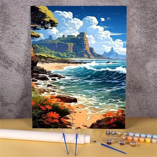 Paint by Numbers for Adults,Waves Cliff Sea Paint by Number Kits On Canvas for Beginners,with Brushes DIY Color Acrylic Pigment Oil Painting Arts Crafts for Home Decor(Without Frame)45x60cm von Januave