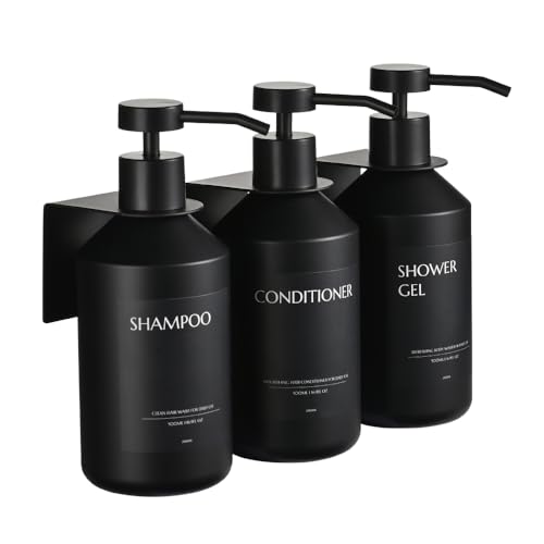 Janxin 3 Stück Seifenspender Wandbefestigung,500ml Shampoo Flaschen zum Befüllen,Duschgel Spender,Seifenspender Schwarz Ohne Bohren for Kitchen and Bathroom (Schwarze Flasche + schwarzer Kopf) von Janxin