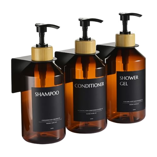 Janxin 3 Stück Seifenspender Wandbefestigung,500ml Shampoo Flaschen zum Befüllen,Duschgel Spender,Seifenspender Set Ohne Bohren for Kitchen and Bathroom(Braune Flasche + schwarzer Bambuskopf) von Janxin