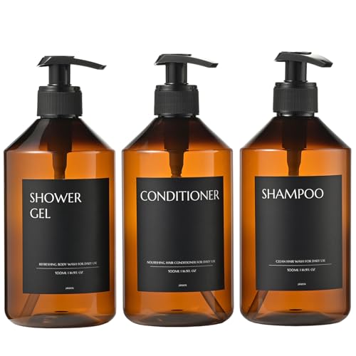Janxin 3 pcs 500ml Spülmittelspender, Seifenspender Kunststoff, Seifenspender Bad, Shampoo Spender für Dusche, Hand Soap Dispenser for Bathroom, Pump Bottle + Sticker (Braune Flasche + schwarzer Kopf) von Janxin