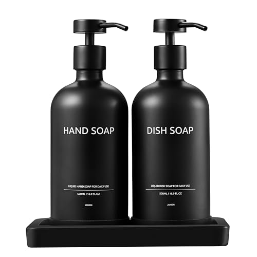 Janxin Glas Seifenspender Set, 500ml Seifenspender Schwarz, 500ml Seifenspender Schwarz, Mit Keramiktablett, Nachfüllbare Dispenser für Handseife und Spülmittel(Schwarze Flasche + schwarzer Kopf) von Janxin