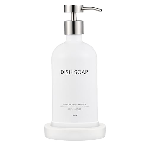 Janxin Glas Seifenspender Set Weiß mit Tablett, Pump Bottle Dispenser, 500ml Pump Dispenser Bottles, 500ml Seifenspender für Küche & Dusche(Weiß(Dish SOAP)) von Janxin