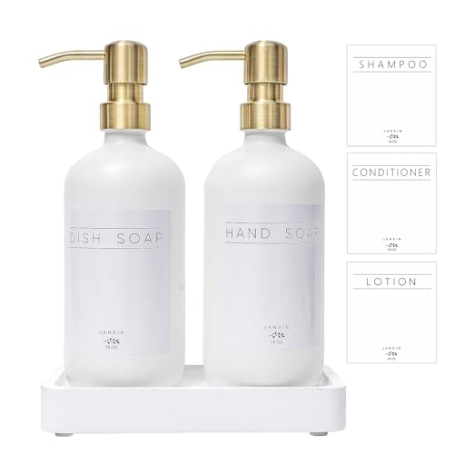 Janxin Glass Soap Dispenser for Kitchen with Stainless Steel Pump and Wood Tray, Modern Bathroom Dispenser with Waterproof Labels for Hand, Dish Soap, Lotion(White Bottles+Gold Pumps) von Janxin