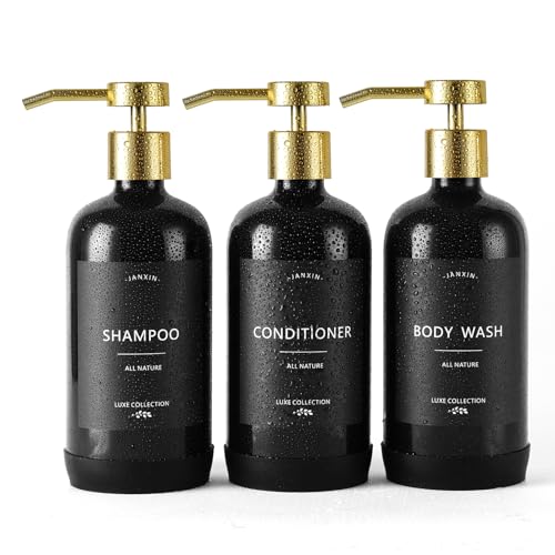 Janxin Shampoo- und Conditioner-Spender, nachfüllbare 600ml Shampooflaschen, Duschspender mit wasserfesten Etiketten für das Badezimmer (Schwarze Flaschen + Goldene Pumpen) von Janxin