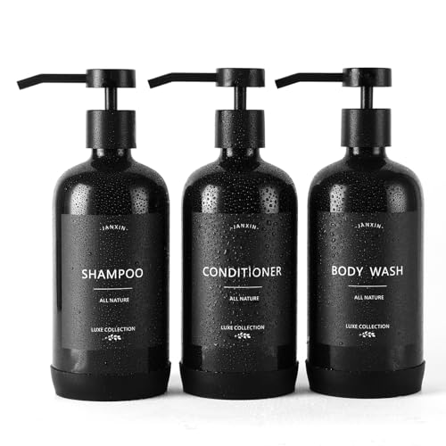 Janxin Shampoo- und Conditioner-Spender, nachfüllbare 600ml Shampooflaschen, Duschspender mit wasserfesten Etiketten für das Badezimmer (Schwarze Flaschen + Schwarze Pumpen) von Janxin