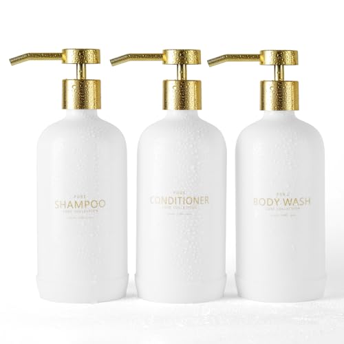 Janxin Shampoo- und Conditioner-Spender, nachfüllbare 600ml Shampooflaschen, Duschspender mit wasserfesten Etiketten für das Badezimmer (Weiße Flaschen + Goldene Pumpen) von Janxin