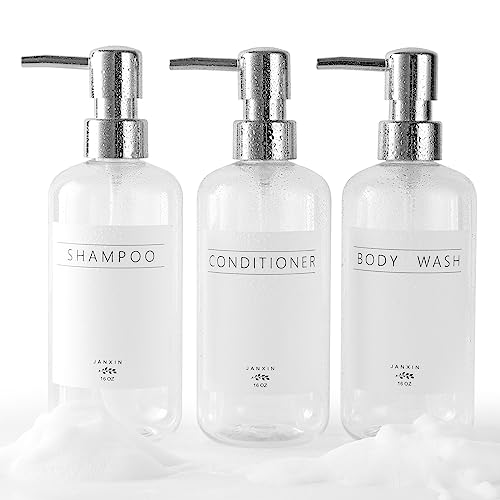 Janxin Shampoo- und Spülungsspender, Set mit 3 modernen, nachfüllbaren 473 ml Shampoo- und Spülungsflaschen mit Pumpe, stilvoller Duschseifenspender mit Wasserdichten Etiketten für Badezimmer von Janxin