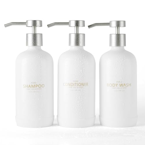 Janxin Shampoo- und Spülungsspender, Set mit 3 nachfüllbaren 600 ml Shampoo-Flaschen mit rutschfestem Silikon-Pad, Duschseifenspender mit Wasserdichten Etiketten für Badezimmer (weiß) von Janxin