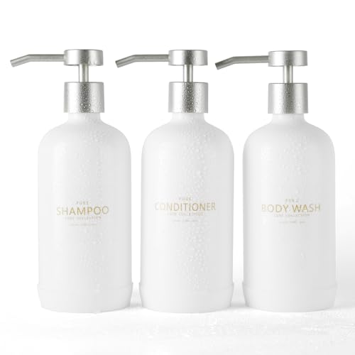 Janxin Shampoo- und Spülungsspender, Set mit 3 nachfüllbaren 600 ml Shampoo-Flaschen mit rutschfestem Silikon-Pad, Duschseifenspender mit wasserdichten Etiketten für Badezimmer (weiß) von Janxin