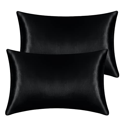 2er-Pack Satin-Kissenbezüge für Haar und Haut, superweiche, seidige Kissenbezüge mit Hotelverschluss, weniger Reibung, weniger Falten und Frizz (50 x 75 cm, schwarz) von Janzoom