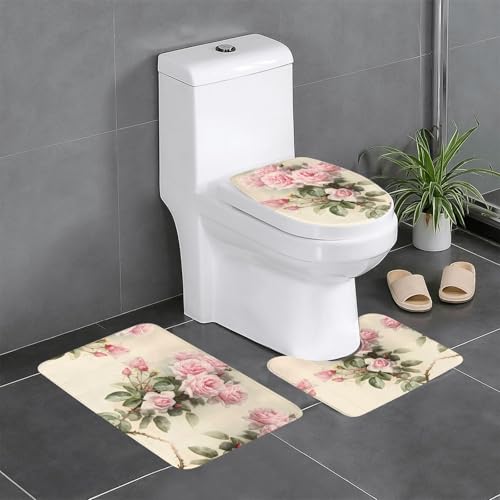 3-teiliges Badezimmerteppich-Set mit rosa Vintage-Rose, WC-Bodenteppich, Badewanne, Dusche, waschbare Matten – bequeme und langlebige Badteppiche 3-teiliges Badezimmerteppich-Set mit rosa Vintage-Rose, WC-Bodenteppich, Badewanne, Dusche, waschbare Matten – bequeme und langlebige Badteppiche von JaoXer