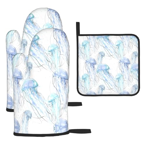 Aquarell-Ofenhandschuhe, Topflappen-Set mit 3D-Quallen, hitzebeständig, perfekt zum Backen, Grillen und Mikrowellen-Ofen Aquarell-Ofenhandschuhe, Topflappen-Set mit 3D-Quallen, hitzebeständig, perfekt zum Backen, Grillen und Mikrowellen-Ofen von JaoXer