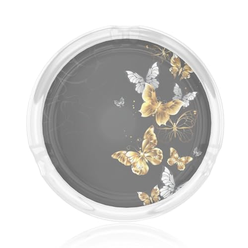 Aschenbecher aus Glas, rund, goldfarben, weiße Schmetterlinge, schwarzer Druck, 8,4 cm, klarer Kristall, für Zuhause, Büro und Außenbereich Aschenbecher aus Glas, rund, goldfarben, weiße Schmetterlinge, schwarzer Druck, 8,4 cm, klarer Kristall, für Zuhause, Büro und Außenbereich von JaoXer