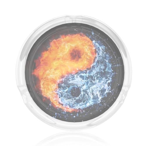 Aschenbecher aus Glas mit Yin-Yang-Feuerwasserdruck, rund, 8,4 cm, klarer Kristall, für Zuhause, Büro und Außenbereich von JaoXer