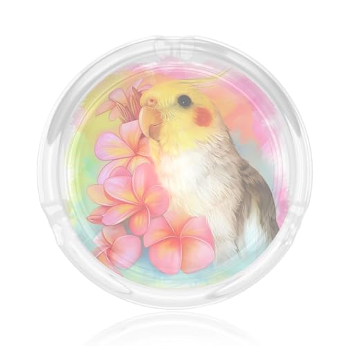 Aschenbecher aus Glas mit niedlichem Nymphensittichdruck, rund, 8,4 cm, klarer Kristall, für Zuhause, Büro und Außenbereich von JaoXer