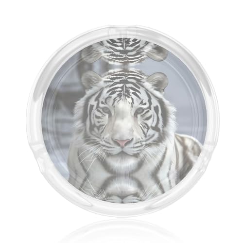 Aschenbecher aus Glas mit weißem Tiger-Druck, rund, 8,4 cm, klarer Kristall, für Zuhause, Büro und Außenbereich von JaoXer