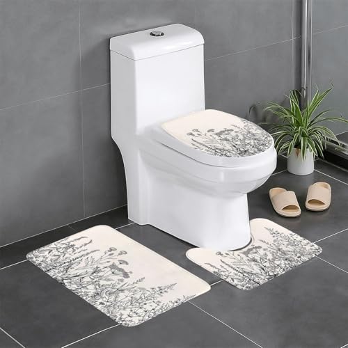 Badezimmerteppich-Set mit Blumen-Kräutern, botanische Gravur, 3-teiliges Set, WC-Bodenteppich, Badewanne, Dusche, waschbare Matten – bequeme und langlebige Badteppiche Badezimmerteppich-Set mit Blumen-Kräutern, botanische Gravur, 3-teiliges Set, WC-Bodenteppich, Badewanne, Dusche, waschbare Matten – bequeme und langlebige Badteppiche von JaoXer
