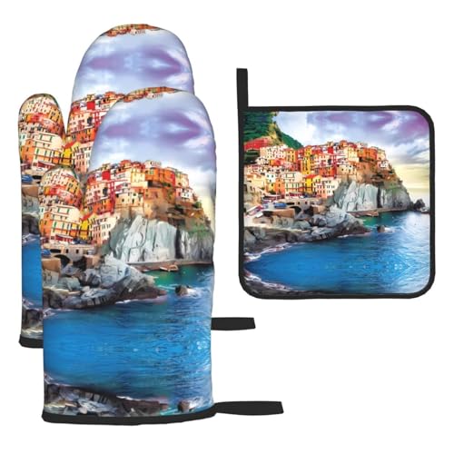Cinque Terre Scenery Ofenhandschuhe, Topflappen-Set, 3-teilig, hitzebeständig, perfekt zum Backen, Grillen und Mikrowellenofen Cinque Terre Scenery Ofenhandschuhe, Topflappen-Set, 3-teilig, hitzebeständig, perfekt zum Backen, Grillen und Mikrowellenofen von JaoXer