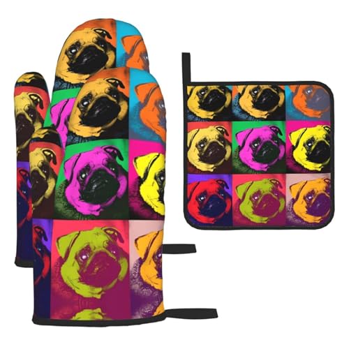 Dogs Pop Art Mops-Ofenhandschuhe, Topflappen-Set, 3-teilig, hitzebeständig, perfekt zum Backen, Grillen und Mikrowellenofen Dogs Pop Art Mops-Ofenhandschuhe, Topflappen-Set, 3-teilig, hitzebeständig, perfekt zum Backen, Grillen und Mikrowellenofen von JaoXer