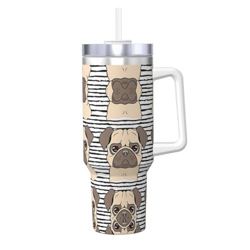 Ice Bully Funny Happy Pug Dog Print Edelstahl Isolierter Becher mit Griff und Strohhalm – perfekt für Reisen und Sport von JaoXer
