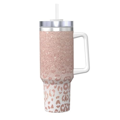 Ice Bully Isolierbecher aus Edelstahl mit Griff und Strohhalm, 1,2 l, Rotgold mit Glitzer-Aufdruck, perfekt für Reisen und Sport von JaoXer