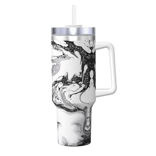 Ice Bully Isolierbecher aus Edelstahl mit Griff und Strohhalm, Schwarz und Weiß, Marmor-Druck, 1,2 l, perfekt für Reisen und Sport von JaoXer