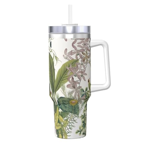 Ice Bully Isolierbecher mit Griff und Strohhalm, Motiv: tropische Blumen, Blätter, Papageien, Edelstahl, 1,2 l, perfekt für Reisen und Sport Ice Bully Isolierbecher mit Griff und Strohhalm, Motiv: tropische Blumen, Blätter, Papageien, Edelstahl, 1,2 l, perfekt für Reisen und Sport von JaoXer