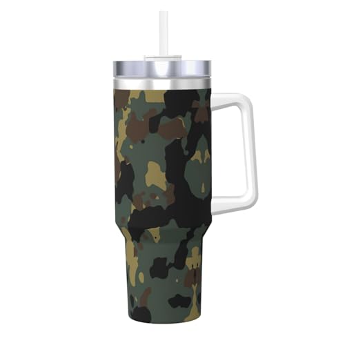 Isolierbecher aus Edelstahl mit Griff und Strohhalm, 1,2 l, Tarnmuster, perfekt für Reisen und Sport von JaoXer