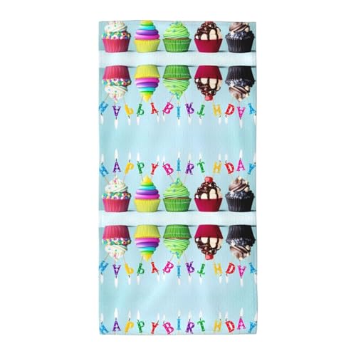 JaoXer 35,1 x 69,8 cm Strand-Pool-Handtuch für Damen und Herren – leichtes, wiederverwendbares, buntes Happy Birthday-Cupcakes-Handtuch für Bad, Fitnessstudio, Reisen, Sport von JaoXer