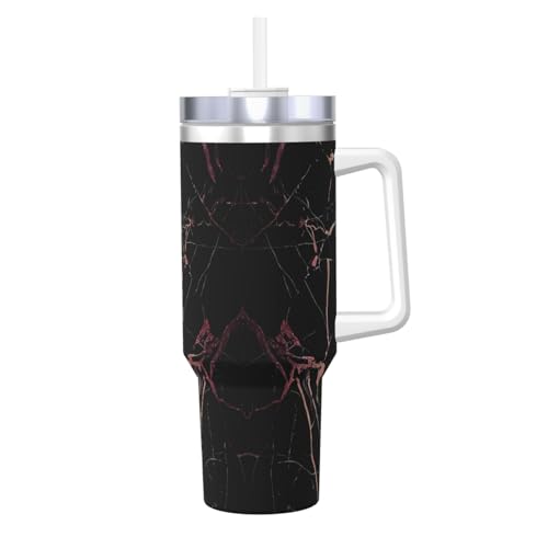 JaoXer Ice Bully Isolierbecher aus Edelstahl mit Griff und Strohhalm, 1,2 l, Schwarz / Rotgold, Marmor-Druck, perfekt für Reisen und Sport von JaoXer