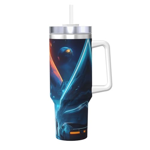 JaoXer Isolierbecher mit Aufschrift "Science Fiction Future Print", Eisbully mit Griff, Trinkhalm, vakuumisoliert, für Fitnessstudio, Camping, Büro, Auto, 1,2 l von JaoXer