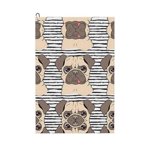 JaoXer Lustiges Happy Pug Dog Print Golf Club Handtuch für Männer & Frauen - Tragbar mit Karabiner Clip - Perfekt für Sport, Yoga, Fitnessstudio, Strand von JaoXer