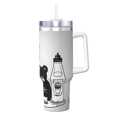JaoXer Milchflasche mit süßem Bären-Aufdruck, 1,2 l, Eisbully mit Griff, Strohhalm, vakuumisoliert, für Fitnessstudio, Camping, Büro, Auto JaoXer Milchflasche mit süßem Bären-Aufdruck, 1,2 l, Eisbully mit Griff, Strohhalm, vakuumisoliert, für Fitnessstudio, Camping, Büro, Auto von JaoXer