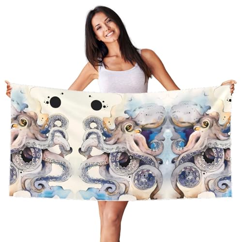 JaoXer Samt-Strandtuch mit weißem Silberfuchs-Motiv, Retro-Kraken-Druck, weiches Handtuch für Zuhause, Reisen, Schwimmbad, Sonnenbad, Fitnessstudio von JaoXer