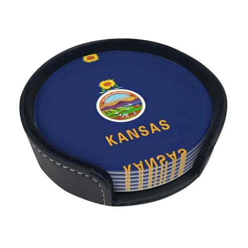 Kansas Untersetzer mit Staatsflaggen-Druck, saugfähig, rund, 6 Stück, Lederuntersetzer für Zuhause, Küche, Bar, Kaffee, Büro Kansas Untersetzer mit Staatsflaggen-Druck, saugfähig, rund, 6 Stück, Lederuntersetzer für Zuhause, Küche, Bar, Kaffee, Büro von JaoXer