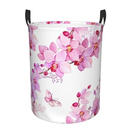 Kleiner runder Wäschekorb – Aufbewahrungskorb mit rosa Blumen und Schmetterlingen, mit Griffen für Schlafzimmer, Badezimmer und Wohnzimmer Kleiner runder Wäschekorb – Aufbewahrungskorb mit rosa Blumen und Schmetterlingen, mit Griffen für Schlafzimmer, Badezimmer und Wohnzimmer von JaoXer