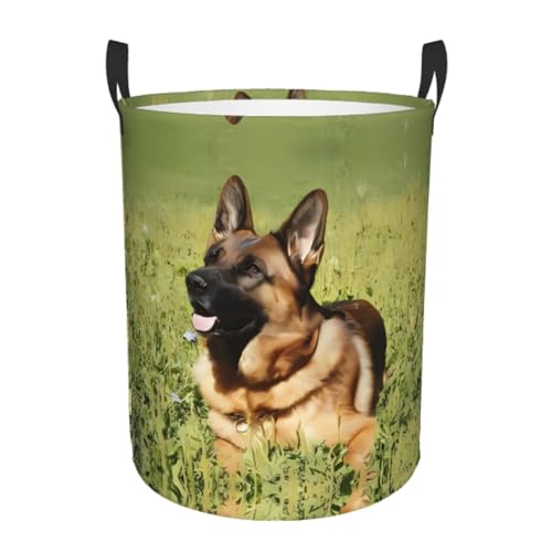 Kleiner runder Wäschekorb - Deutscher Schäferhund Druck Aufbewahrungskorb mit Griffen für Schlafzimmer, Badezimmer und Wohnzimmer von JaoXer