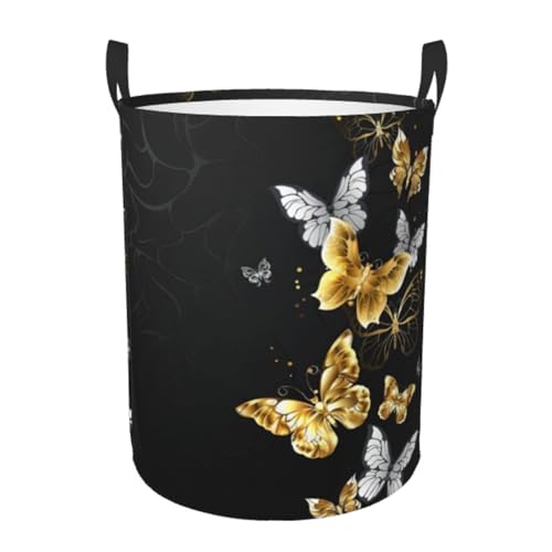 Kleiner runder Wäschekorb – Gold Weiß Schmetterlinge Schwarz Druck Aufbewahrungskorb mit Griffen für Schlafzimmer, Badezimmer und Wohnzimmer Kleiner runder Wäschekorb – Gold Weiß Schmetterlinge Schwarz Druck Aufbewahrungskorb mit Griffen für Schlafzimmer, Badezimmer und Wohnzimmer von JaoXer