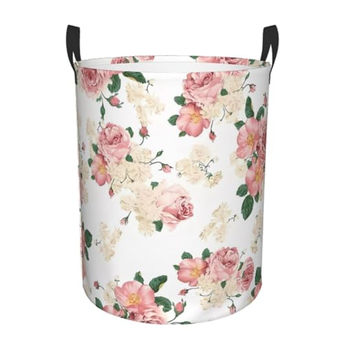 Kleiner runder Wäschekorb – Rosa Rose Blume mit Blättern Druck Aufbewahrungskorb mit Griffen für Schlafzimmer, Badezimmer und Wohnzimmer Kleiner runder Wäschekorb – Rosa Rose Blume mit Blättern Druck Aufbewahrungskorb mit Griffen für Schlafzimmer, Badezimmer und Wohnzimmer von JaoXer