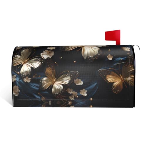 Magnetische Briefkastenabdeckung, goldfarben, weiße Schmetterlinge, schwarzer Druck, personalisierbar, reflektierend, 53,3 x 45,7 cm, Briefkastenabdeckung für Outdoor-Gartendekoration von JaoXer