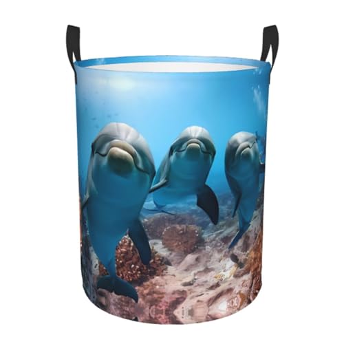 Mittelgroßer runder Wäschekorb - Lustiger Delphin schaut dich an, Aufbewahrungskorb mit Griffen für Schlafzimmer, Badezimmer und Wohnzimmer Mittelgroßer runder Wäschekorb - Lustiger Delphin schaut dich an, Aufbewahrungskorb mit Griffen für Schlafzimmer, Badezimmer und Wohnzimmer von JaoXer